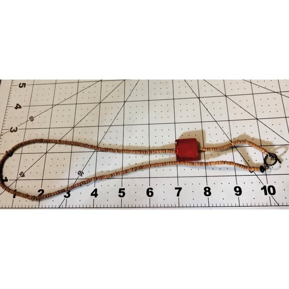 Wooden Bead Necklace Red Glass Square Pendant Beachy Coastal Spring Break 21 in - Picture 3 of 5